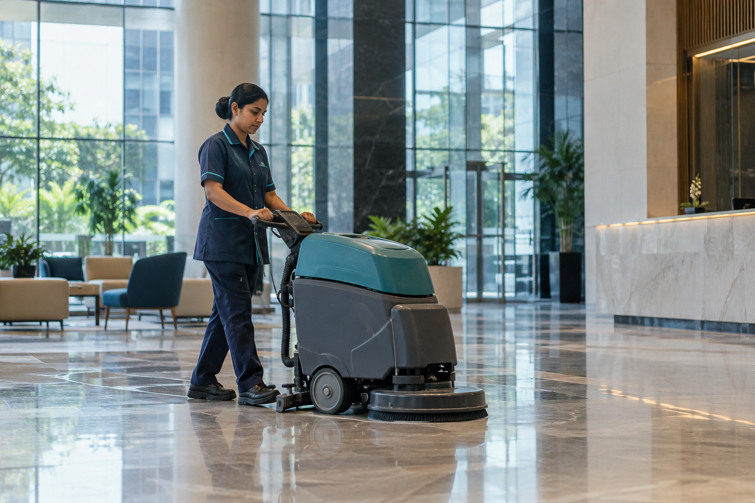 Illustrative housekeeping professional in a workplace