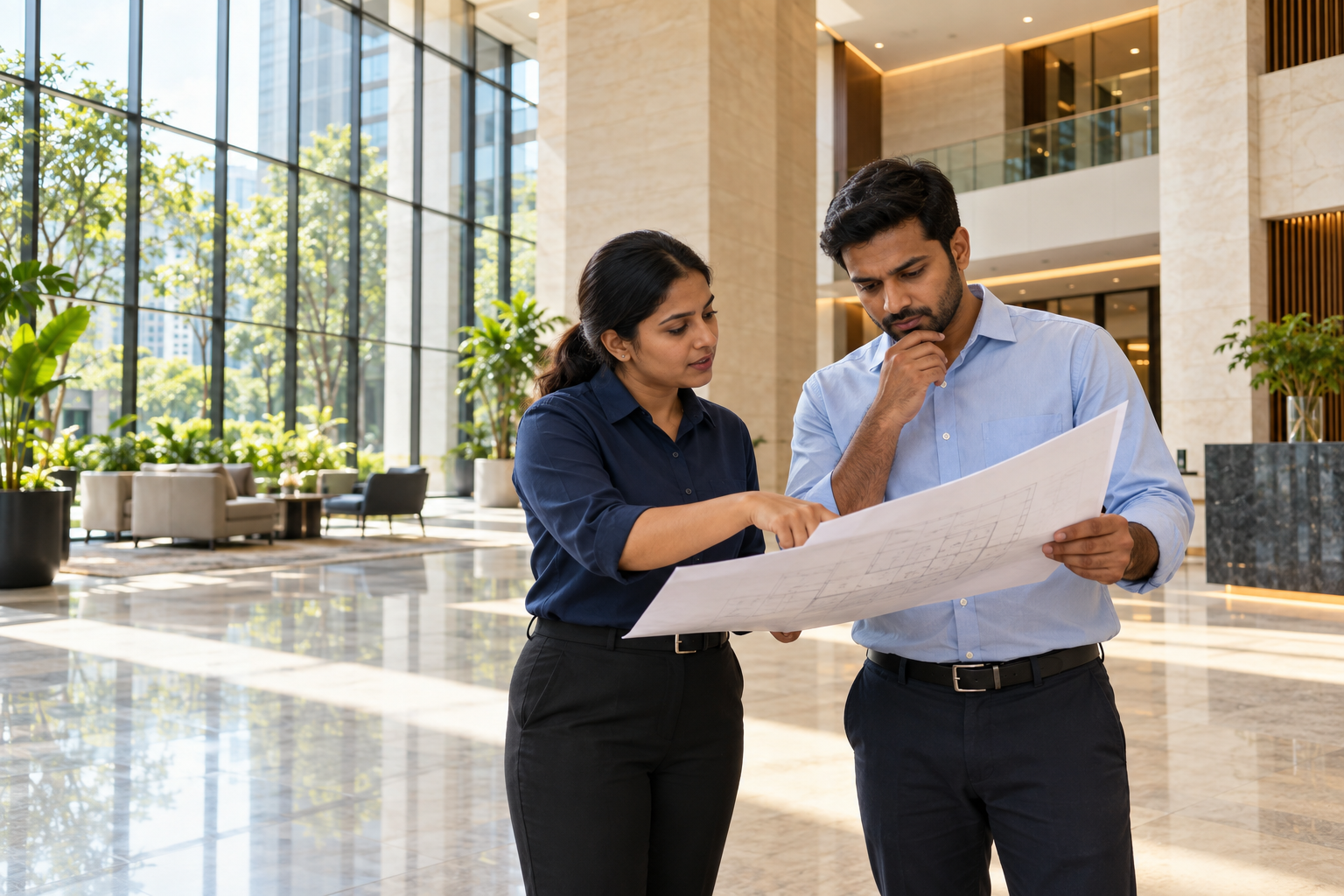 Illustrative photograph of two facility professionals reviewing a site plan